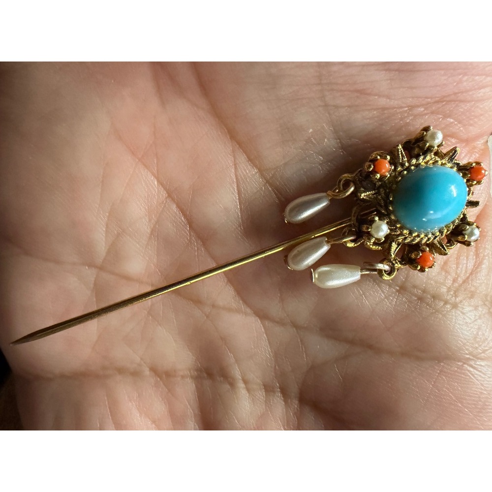 Vintage ART Signed Victorian Revival Turquoise Coral Pearl Dangle Stick Pin - Picture 5 of 5